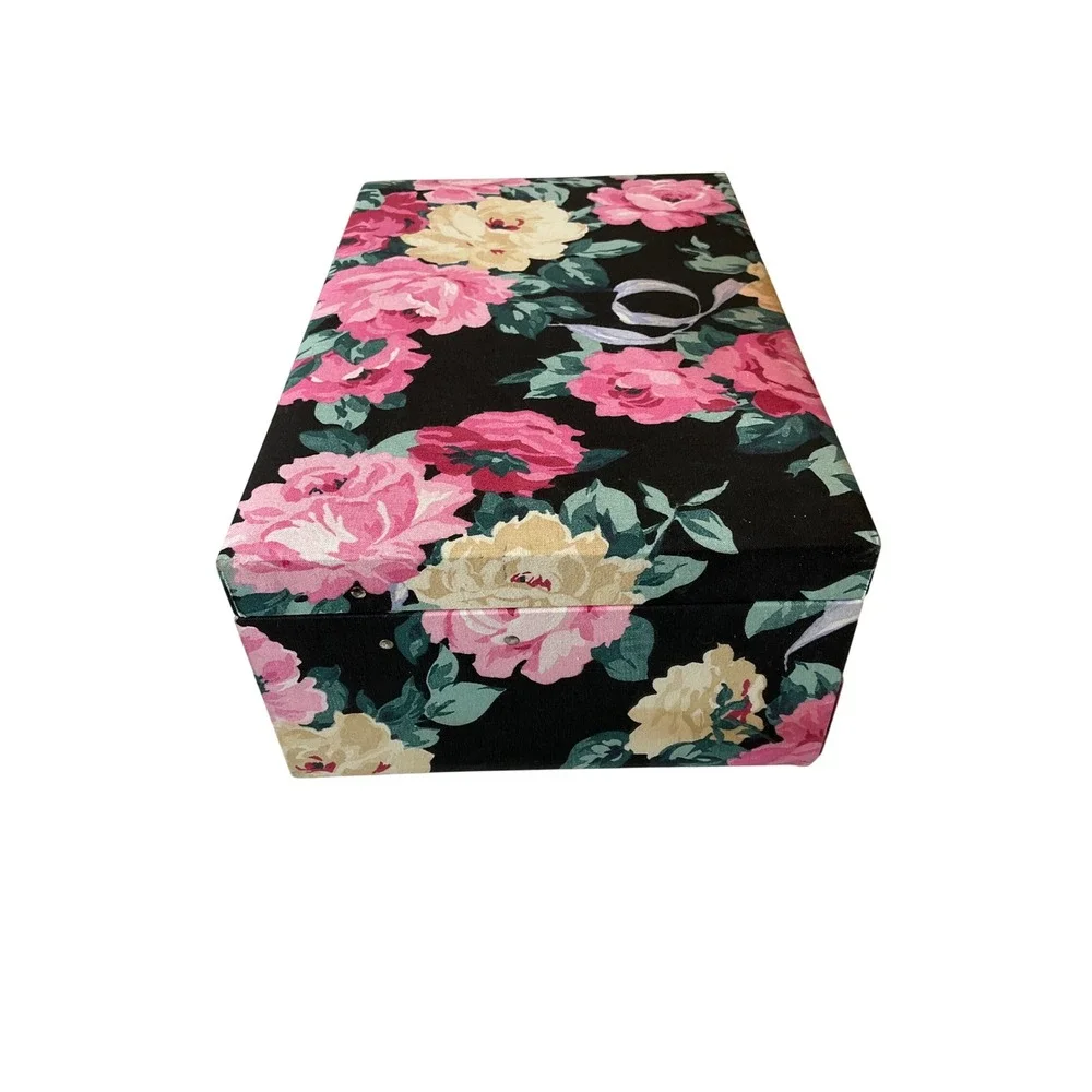 Vintage Fabric Covered Floral Jewelry Box Multi-Tier Pop Up Trays Cottagecore
